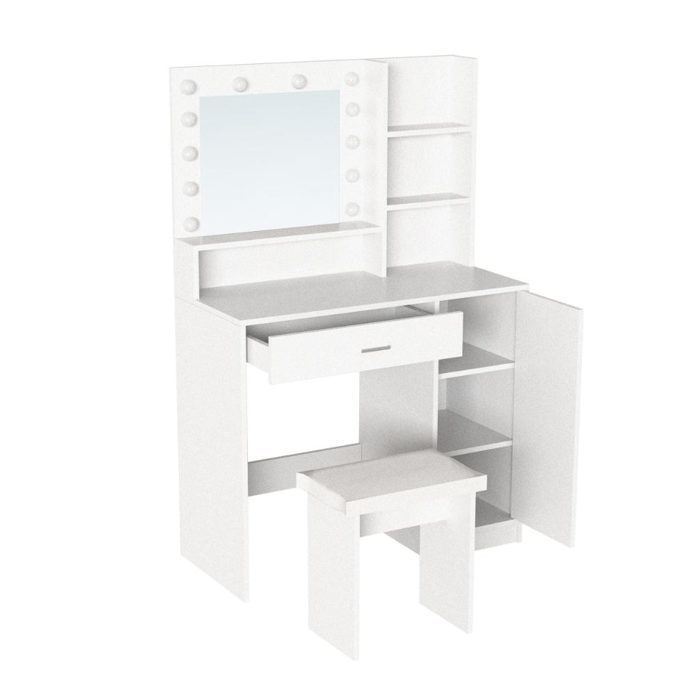Tocador Aura blanco mate con luces LED y silla con cojín - en ambiente