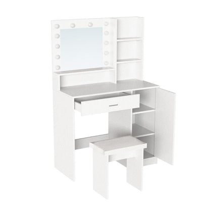 Tocador Aura blanco mate con luces LED y silla con cojín - en ambiente