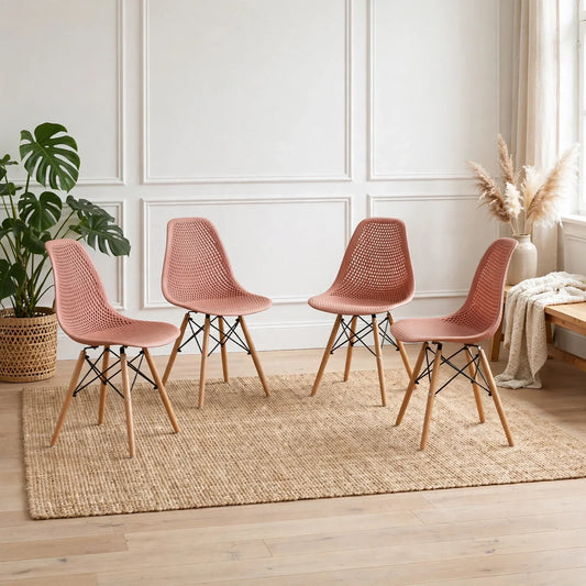 Set de 4 Sillas Aira, Color Salmón, con Espaldar y Patas en Madera