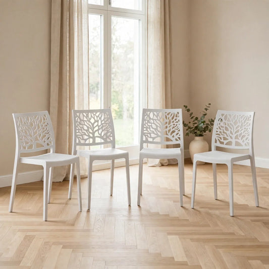 Set de 4 Sillas Harlem, Color Blanco, con Espaldar en Forma de Árbol y Diseño Minimalista