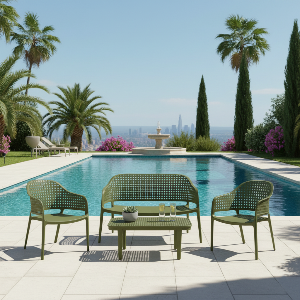Juego de sala exterior Amalfi verde olivo: mesa de centro, 2 sillas y banco