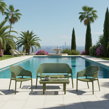 Juego de sala exterior Amalfi verde olivo: mesa de centro, 2 sillas y banco