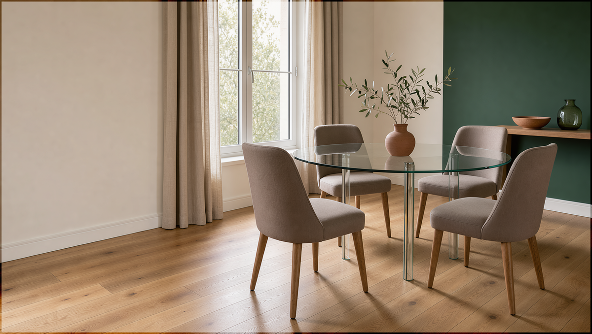 Comedor con mesa redonda de vidrio y sillas tapizadas en tonos taupe, luz natural