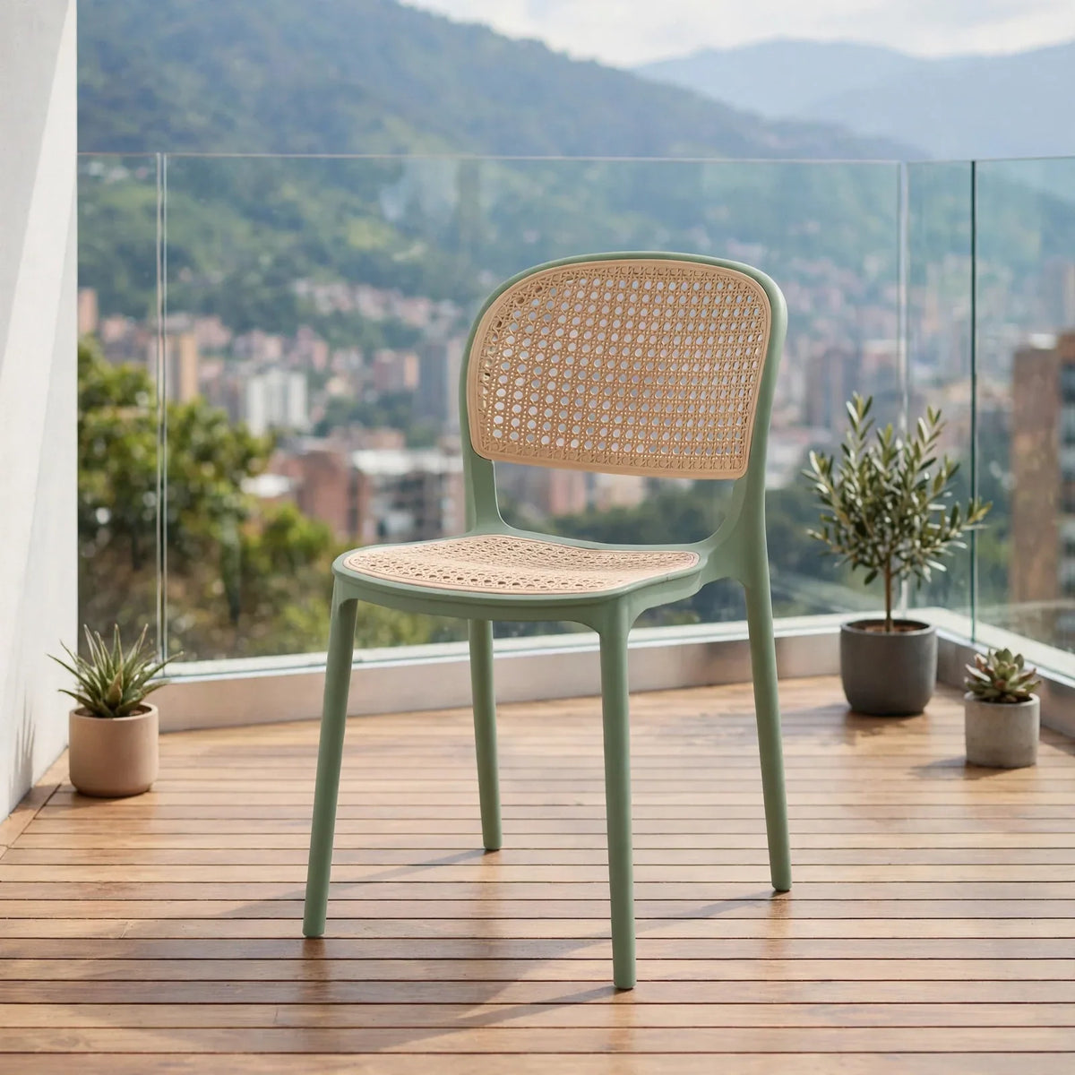 Silla Nest, Verde Olivo y Beige, con Espaldar y Asiento en Rejilla