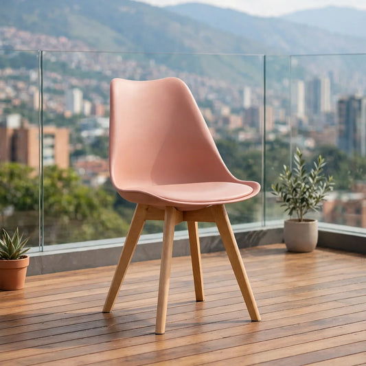 Silla Fyn, Color Salmón, Diseño Minimalista con Espaldar, Cojín y Patas de Madera